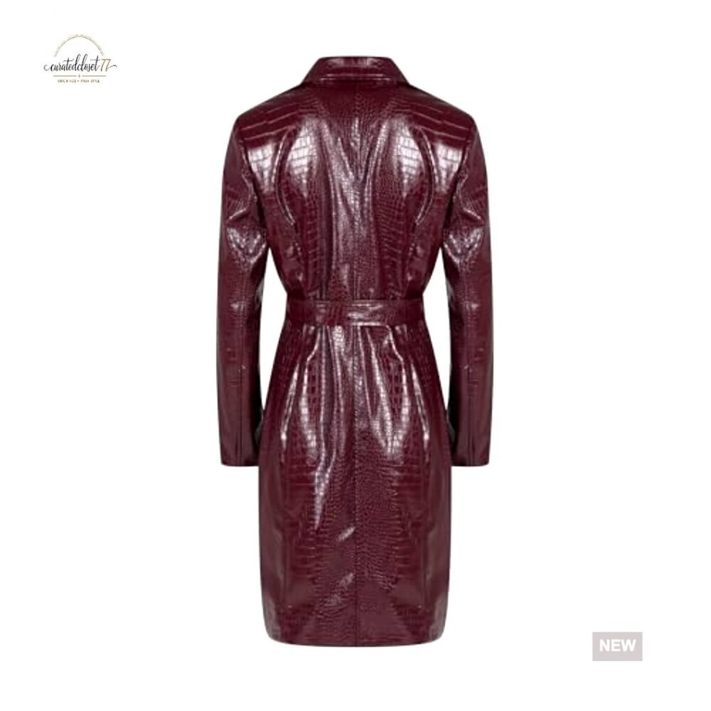 Oversized Faux Leather Trench Coat Classic Notch Lapel Slim Fit Belted Jacket - Picture 4 of 7